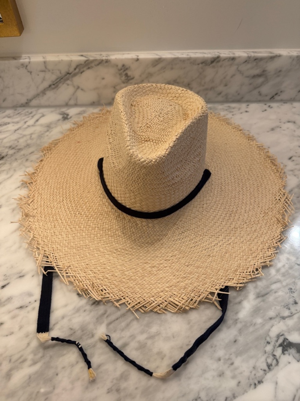 Sunshine Tienda Wide Brim Straw Sun Hat with Chin Ties - Natural with navy ties